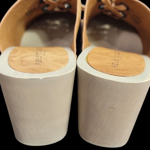 Kelsi Dagger Clogs Tan Leather Lace Up Wedge Wood Heel Mule Slip On Retro Size 9 - Picture 6 of 15